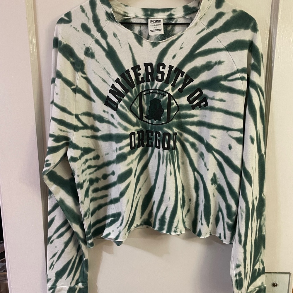 PINK Victoria's Secret Soft Lounge U of O Loose Crop Green Tie-Dye Top